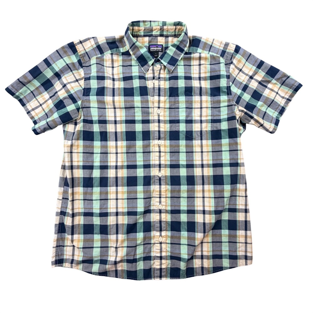Patagonia Mens Large Plaid Button Front Shirt Green Blue Organic Cotton - Picture 2 of 9